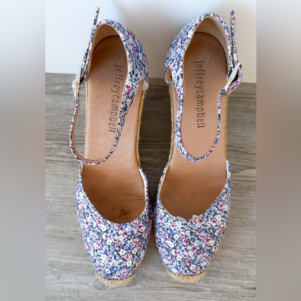 Jeffrey Campbell Adorra Blue Floral Wedge Espadrille Ankle Strap SZ 38 / 7.5